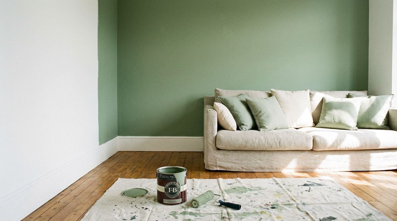 Freshly painted sage green accent wall in a living room with paint supplies on the floor