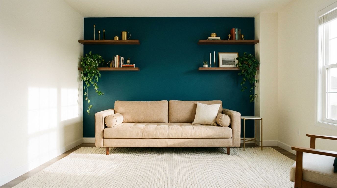 Living room with deep teal accent wall behind sofa, walnut shelving, and brass accessories