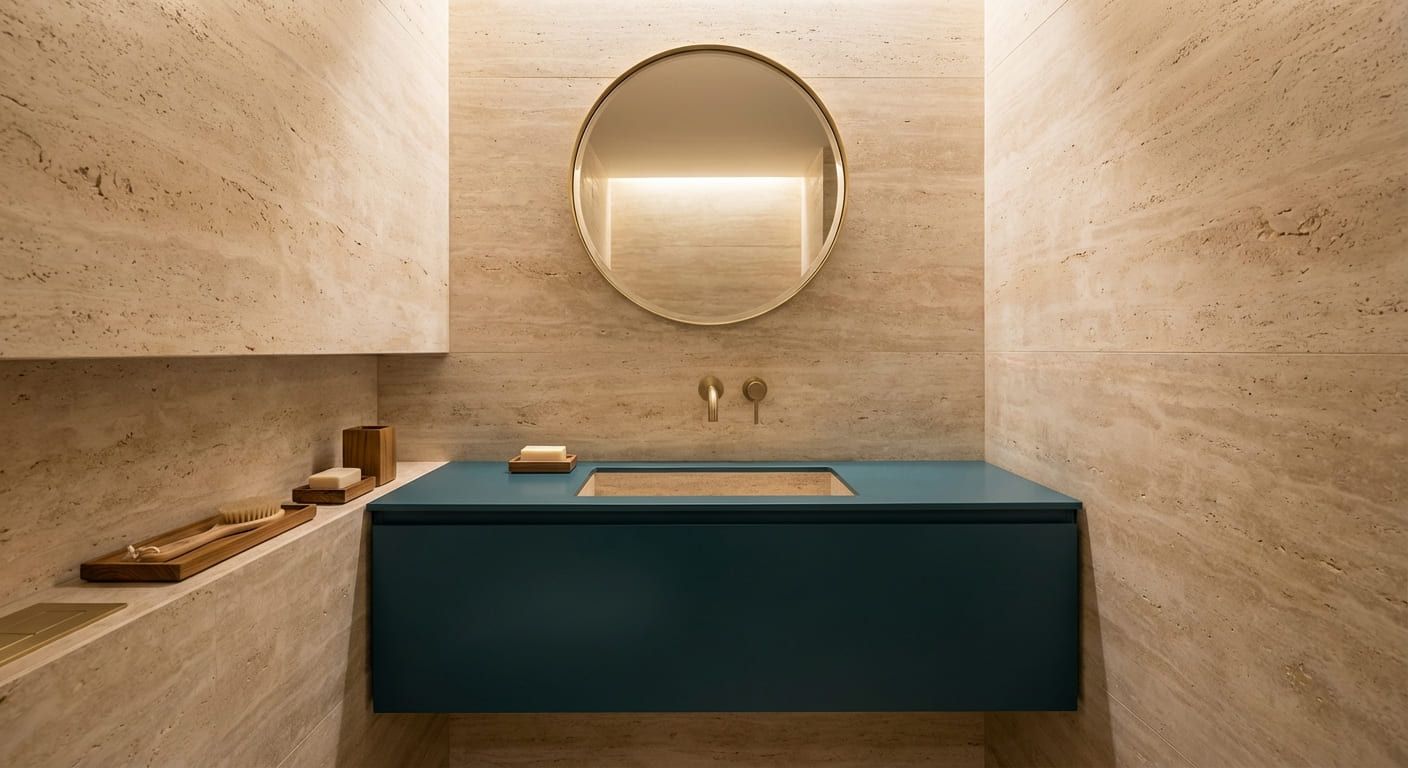 2026 spa-inspired bathroom with travertine walls, deep teal floating vanity, teak wood accents, and brass fixtures