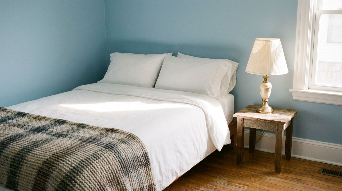 Budget bedroom makeover with white percale bedding, painted powder blue headboard wall, and vintage bedside lamp