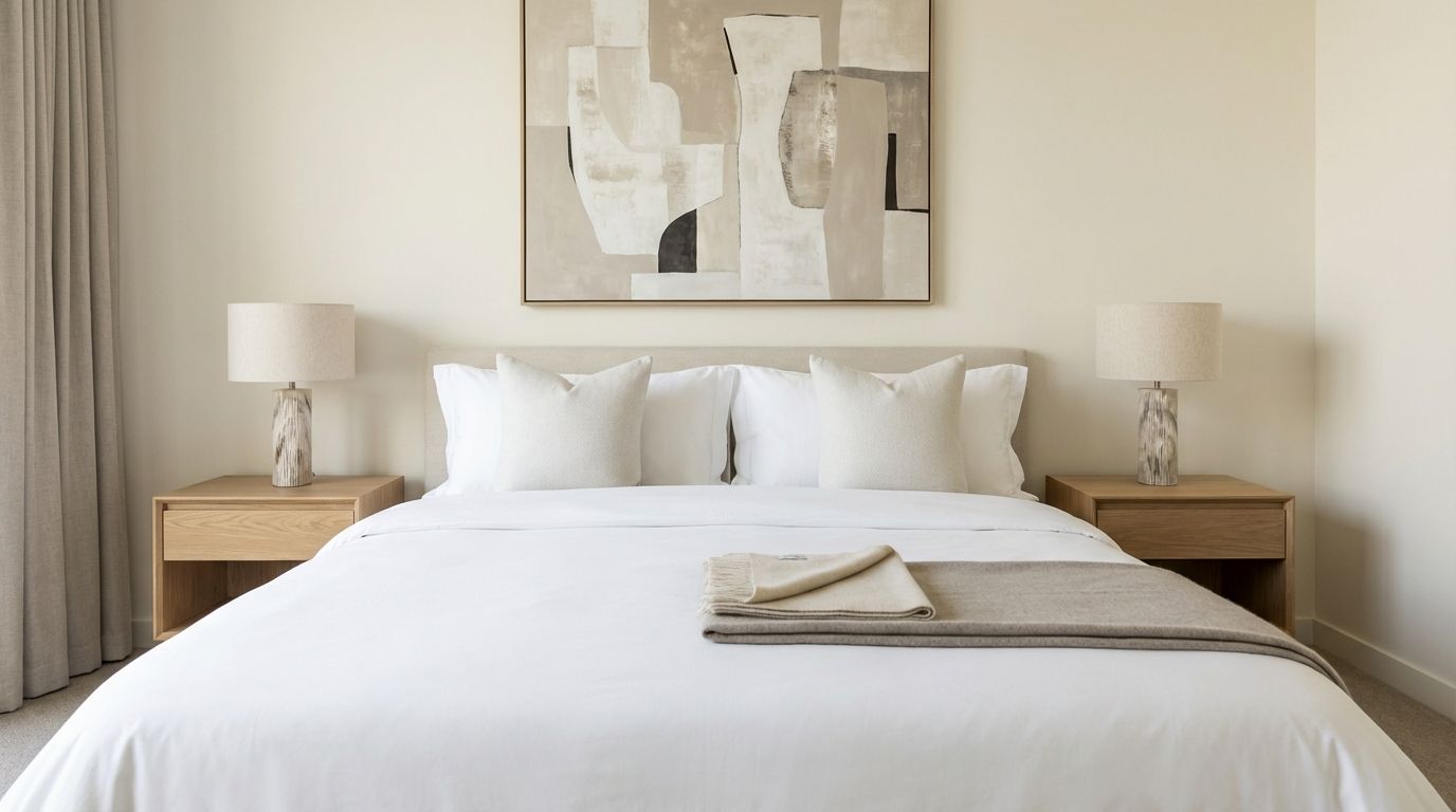 Hotel-effect staged bedroom with crisp white linen, symmetric nightstands, and neutral palette
