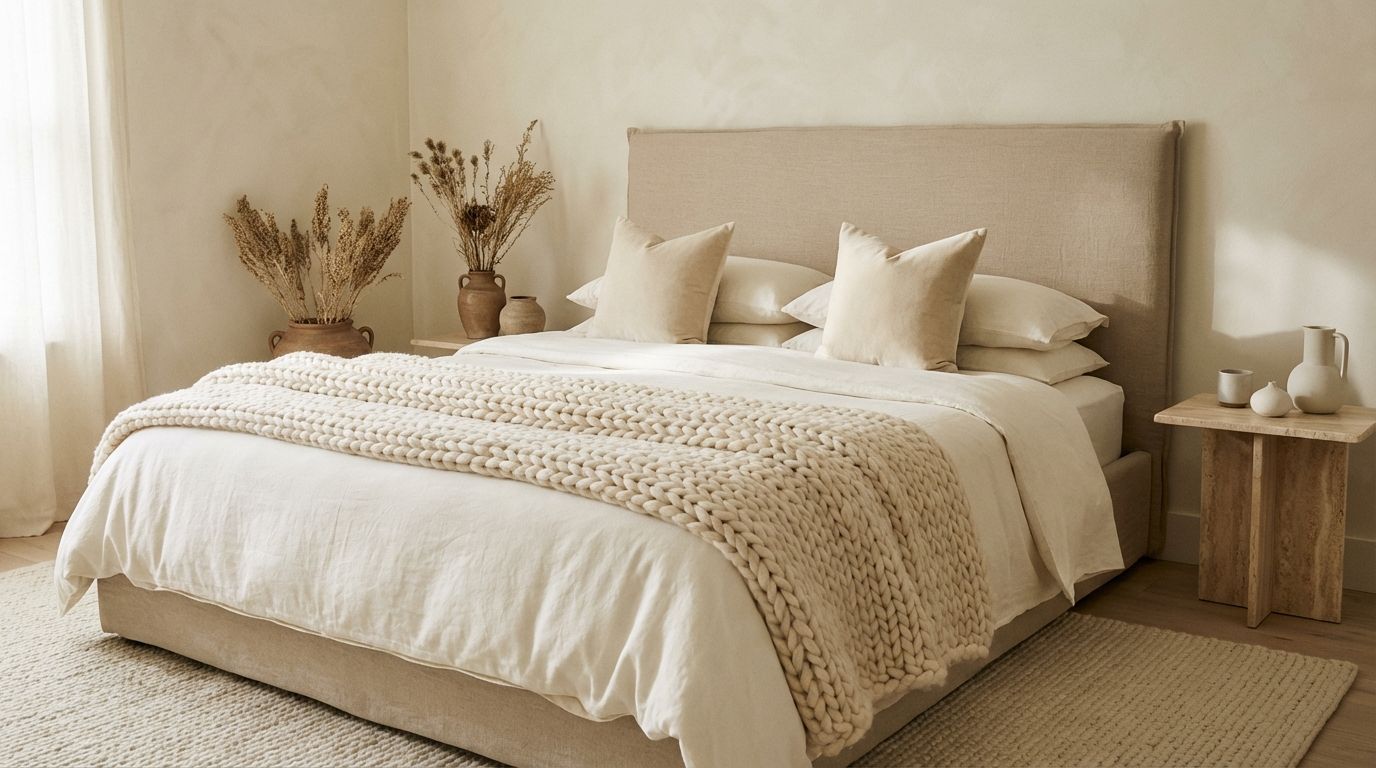 Monochromatic bedroom in cream, sand, and ivory tones with varied textures
