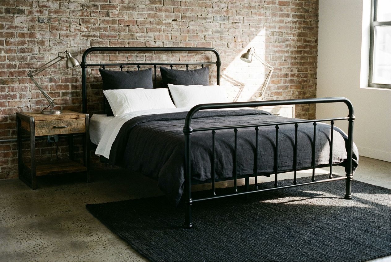 Industrial bedroom with wrought iron bed frame, exposed brick accent wall, and warm linen bedding