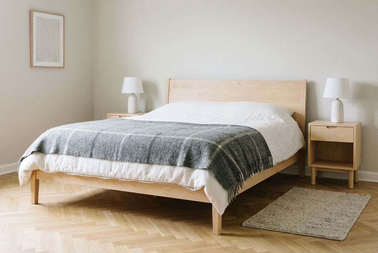 Scandinavian bedroom with light oak bed frame, white linen bedding, wool throw, and warm bedside lamp