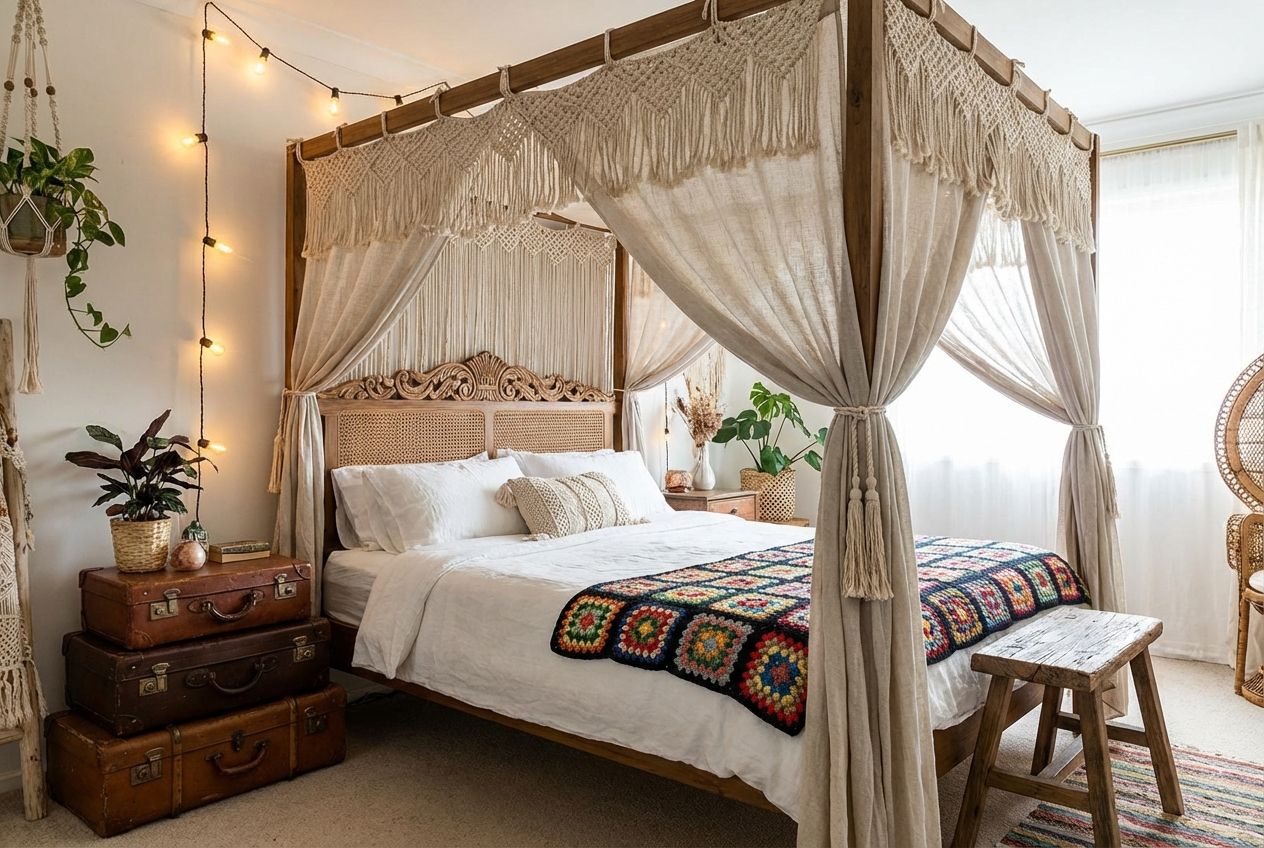 Bohemian style bedroom with canopy, macramé wall hanging, and layered linen bedding