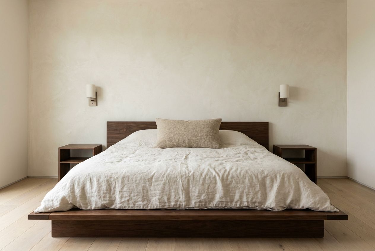 Japandi bedroom with walnut platform bed, cream linen bedding, and asymmetric wabi-sabi nightstands