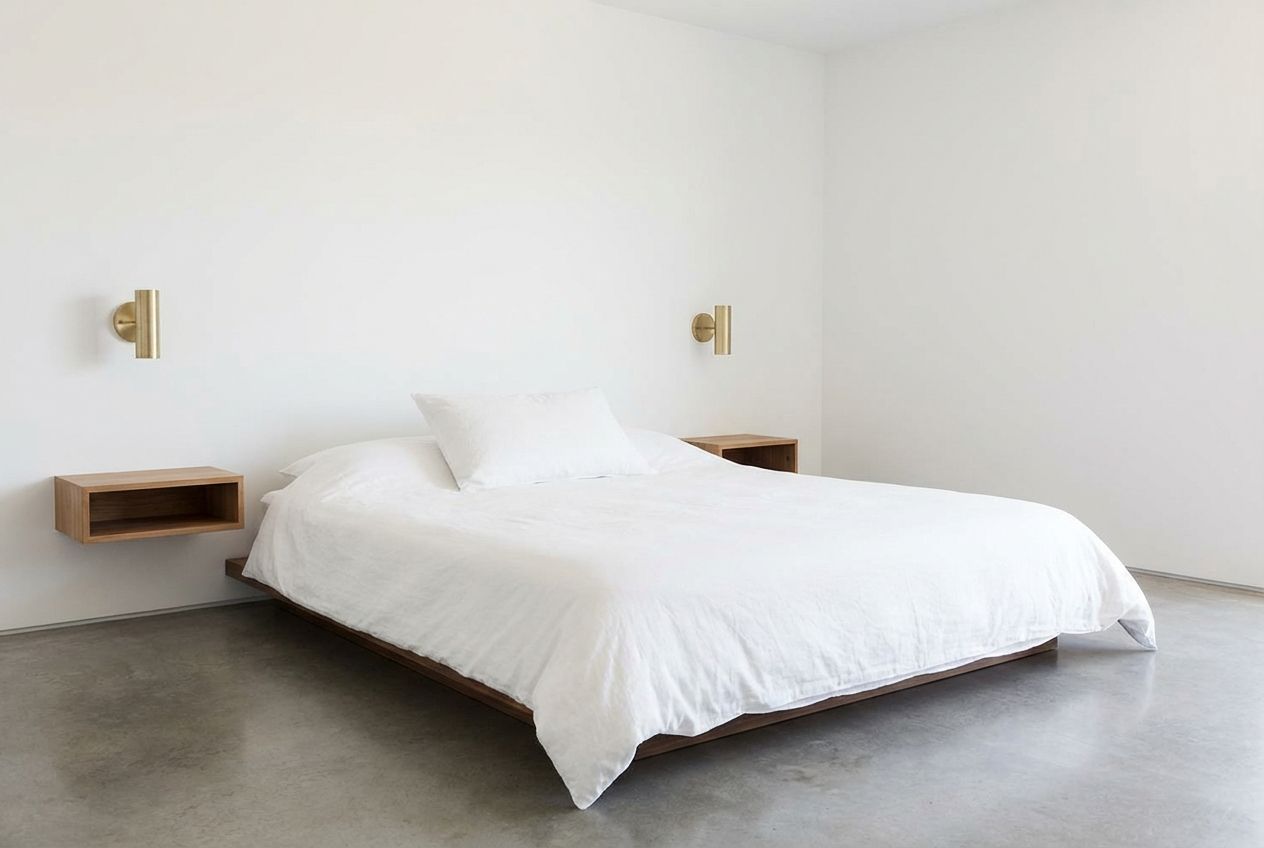 Minimalist bedroom with low platform bed, white linen bedding, and warm pendant light