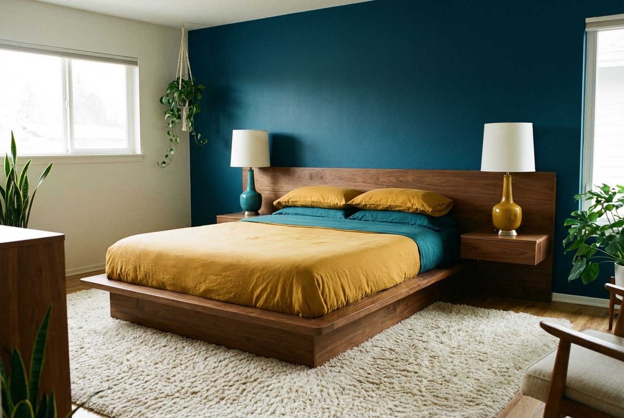 Mid-century modern bedroom with teak platform bed, arc floor lamp, and mustard throw