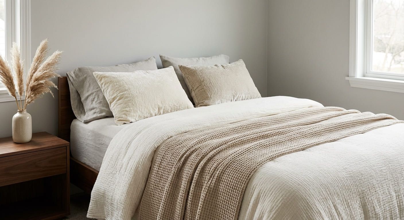 2026 bedroom with layered textured bedding in cream, sand, and oat tones — cotton gauze, waffle-knit throw, and linen cushions