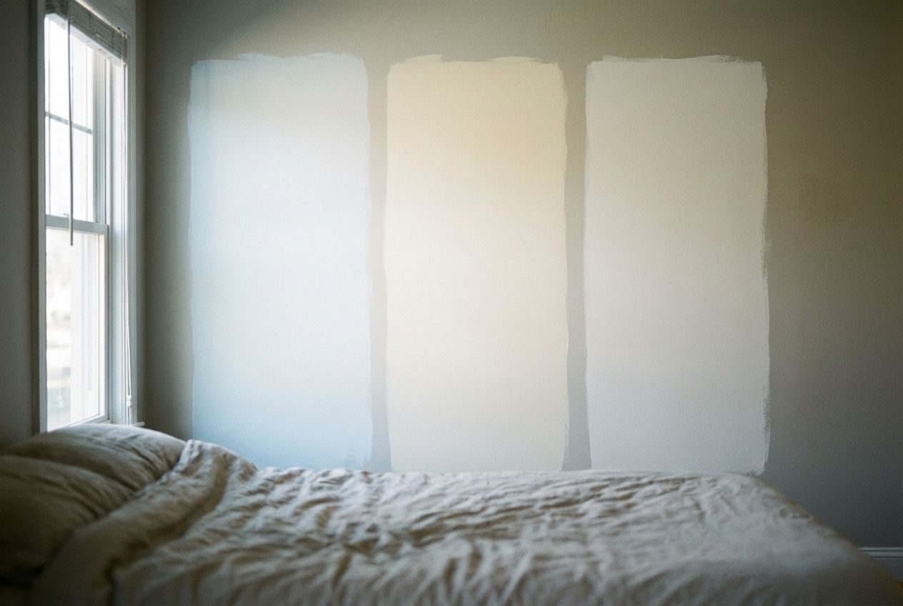 White paint swatches comparing warm ivory and cool pure white tones on a bedroom wall