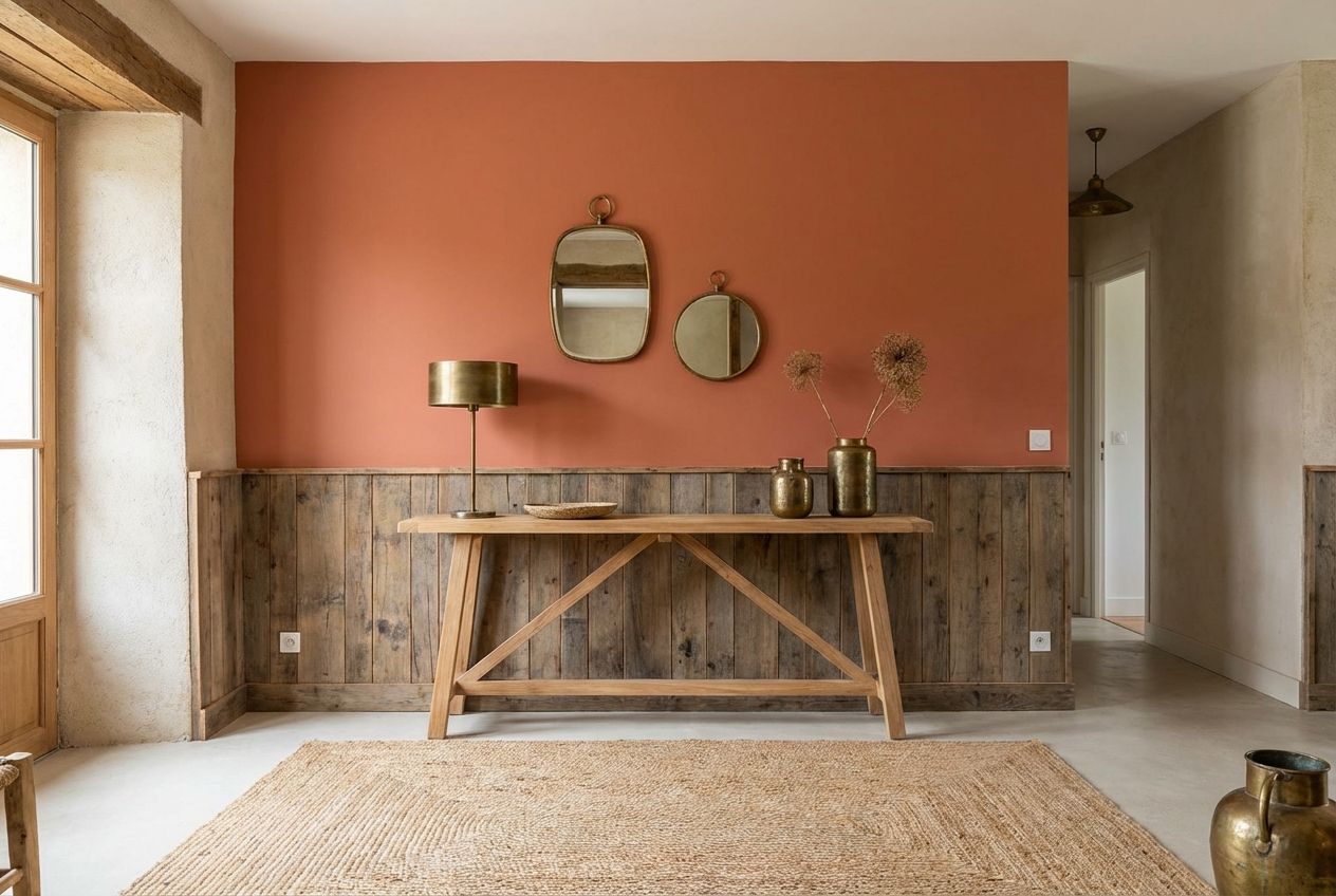 Entryway with terracotta accent wall and natural textures