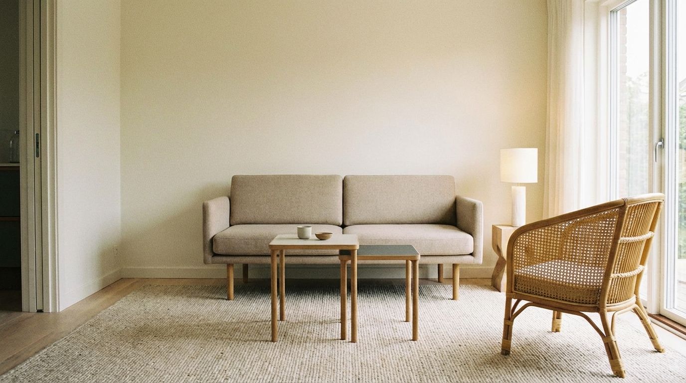 Small living room with compact two-seater sofa on visible wooden legs, nesting tables, and lightweight rattan chair