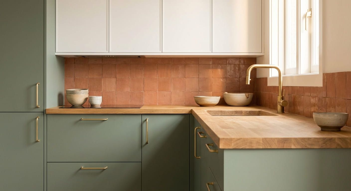 2026 kitchen with sage green matte cabinets, light wood countertop, brass handles, and terracotta tile splashback