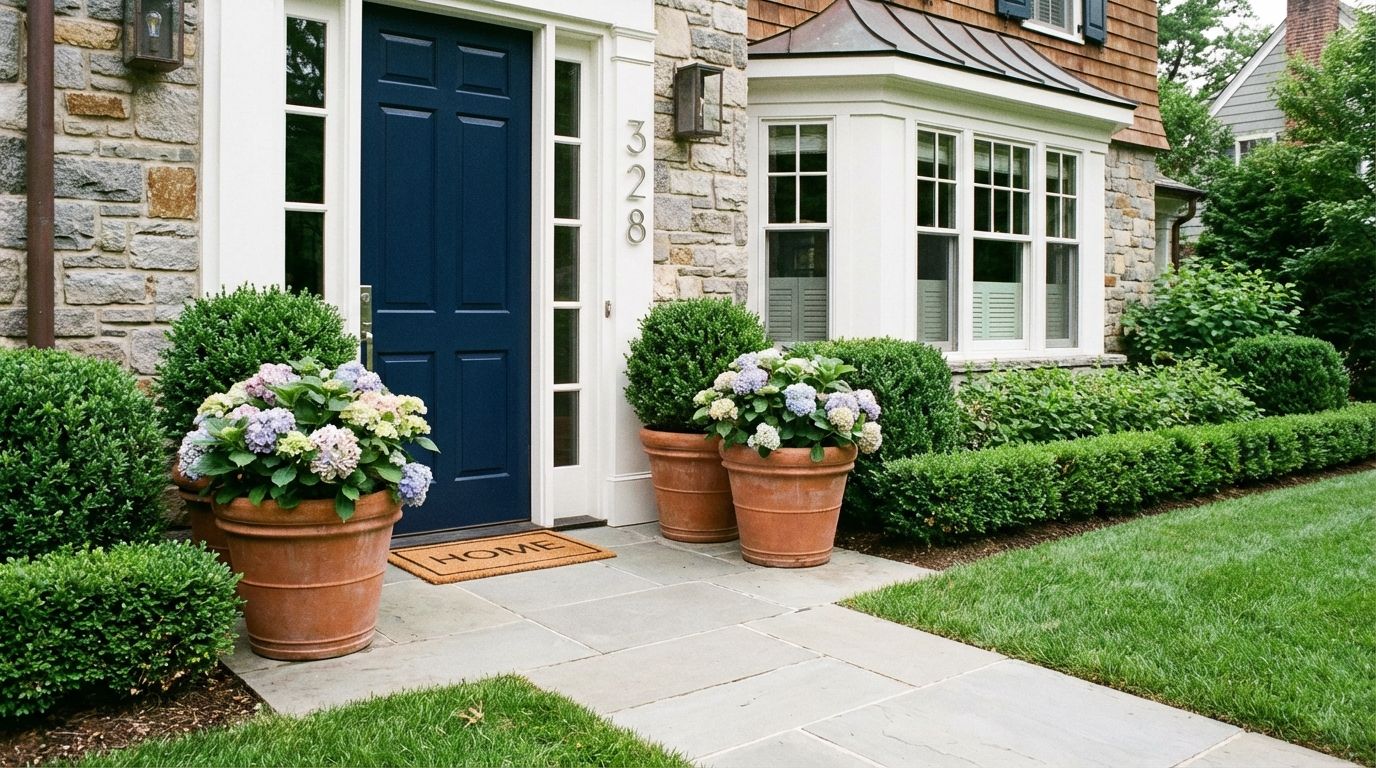 Welcoming front entry with a freshly painted door, potted plants, and clean walkway