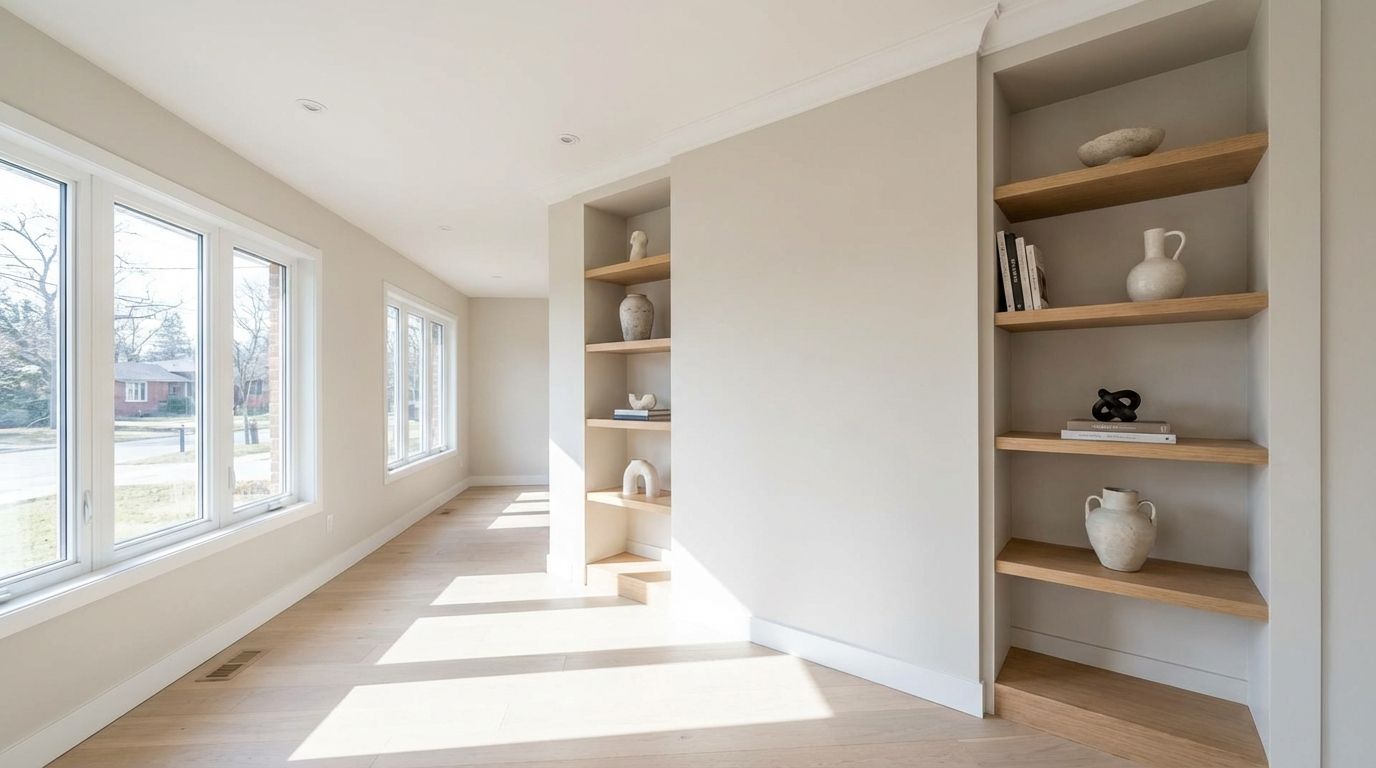 Decluttered living room with clean surfaces and minimal decor, ready for home staging