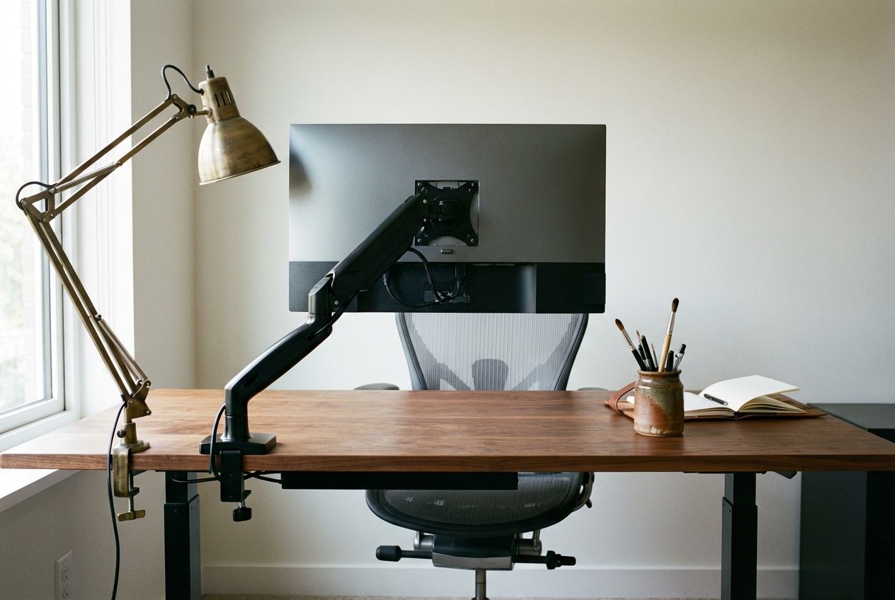Ergonomic home office desk setup with monitor at eye level and natural light