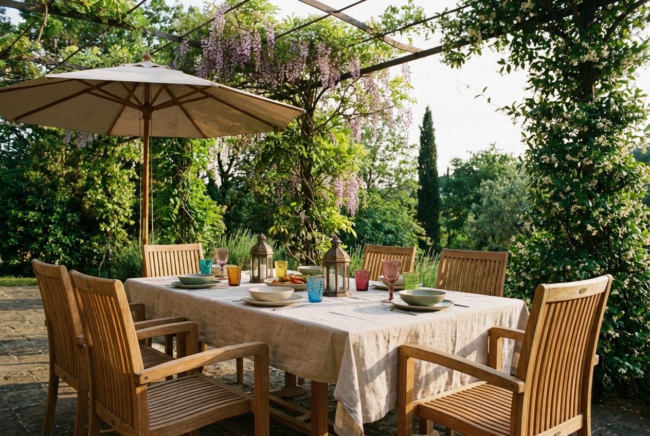 Outdoor terrace dining setup with pergola and warm string lights overhead