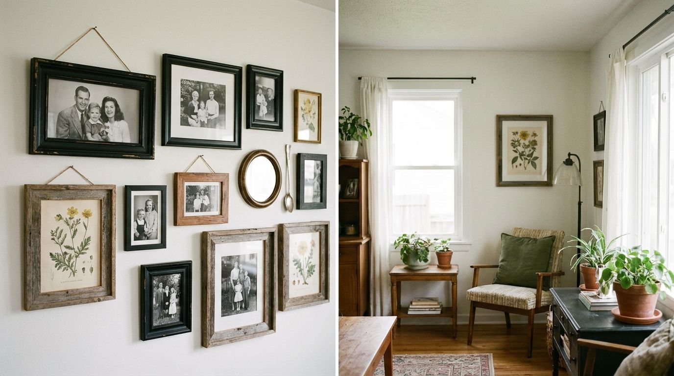 DIY gallery wall with mixed simple frames, botanical prints, black and white photos, and a small round mirror