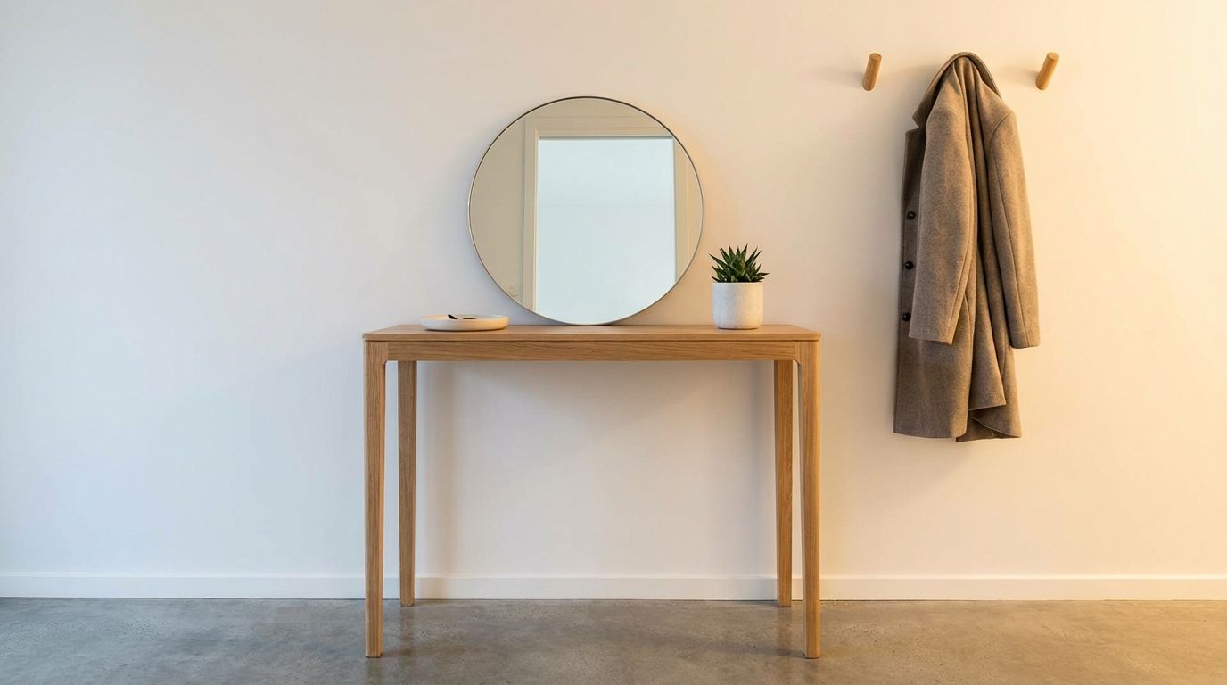 Minimalist staged entryway with slim console, round mirror, ceramic tray, and single coat