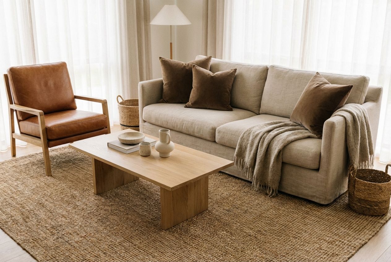 Beige bouclé sofa with walnut coffee table and natural material accents