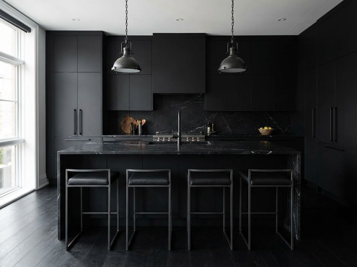 Matte black kitchen cabinets with brushed brass handles and marble countertop