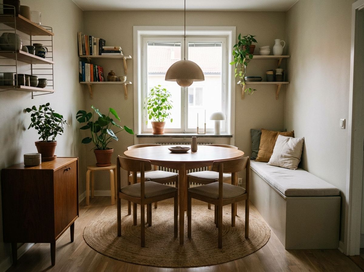 Dining room with sage green accent wall, oak table, and linen curtains