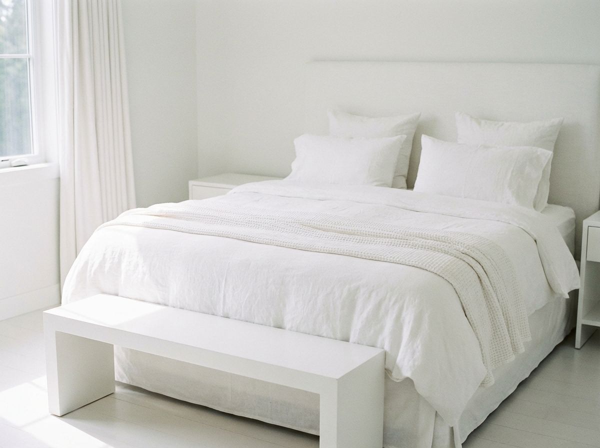White bedroom decor with layered bouclé and linen textures
