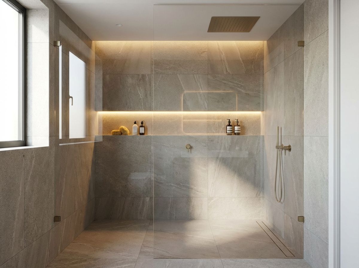 Modern bathroom tile shower with frameless glass panel and rainfall showerhead