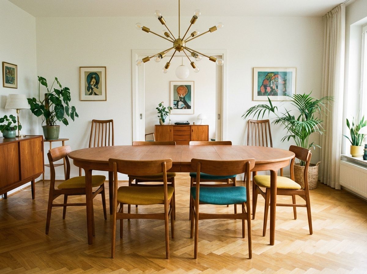 Mid-century modern living room with Eames lounge chair, walnut credenza, and sunburst wall clock