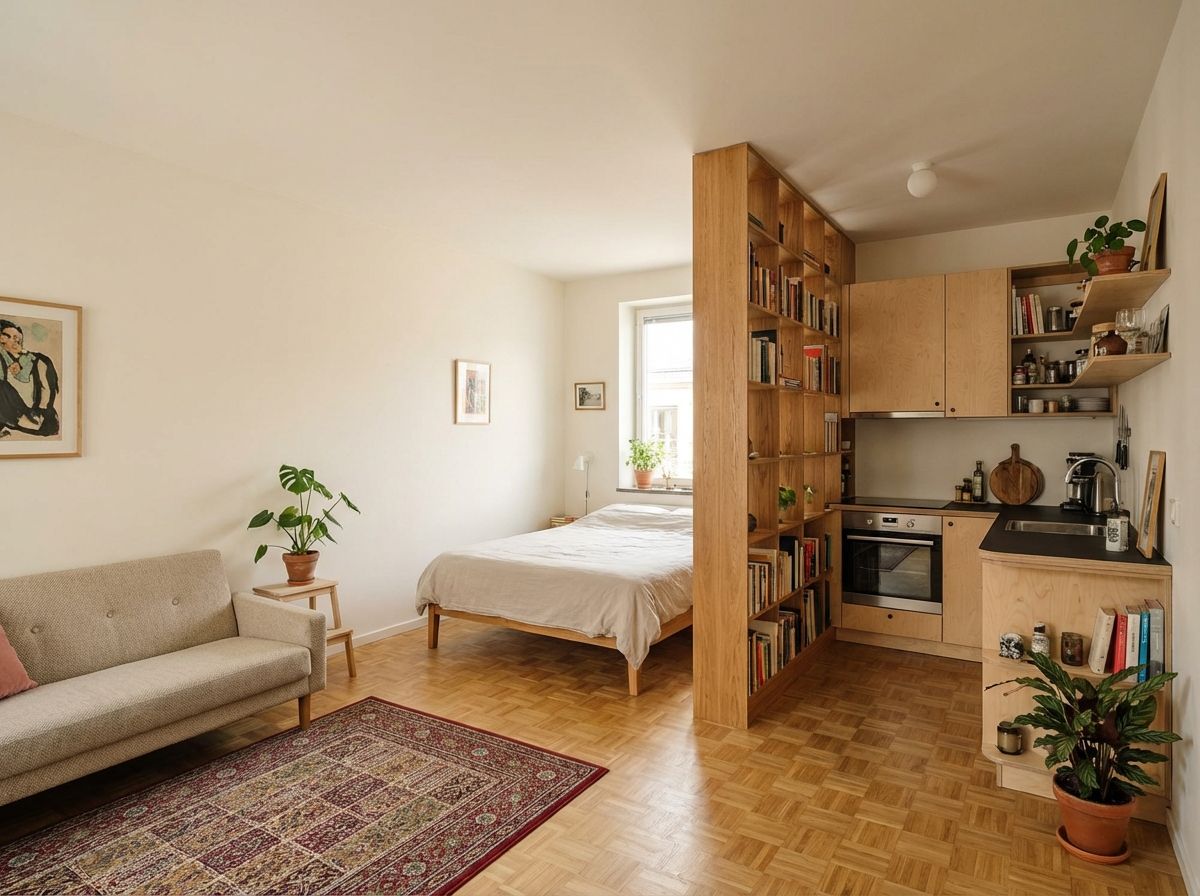 Studio apartment layout with open bookshelf used as room divider between living and sleeping areas