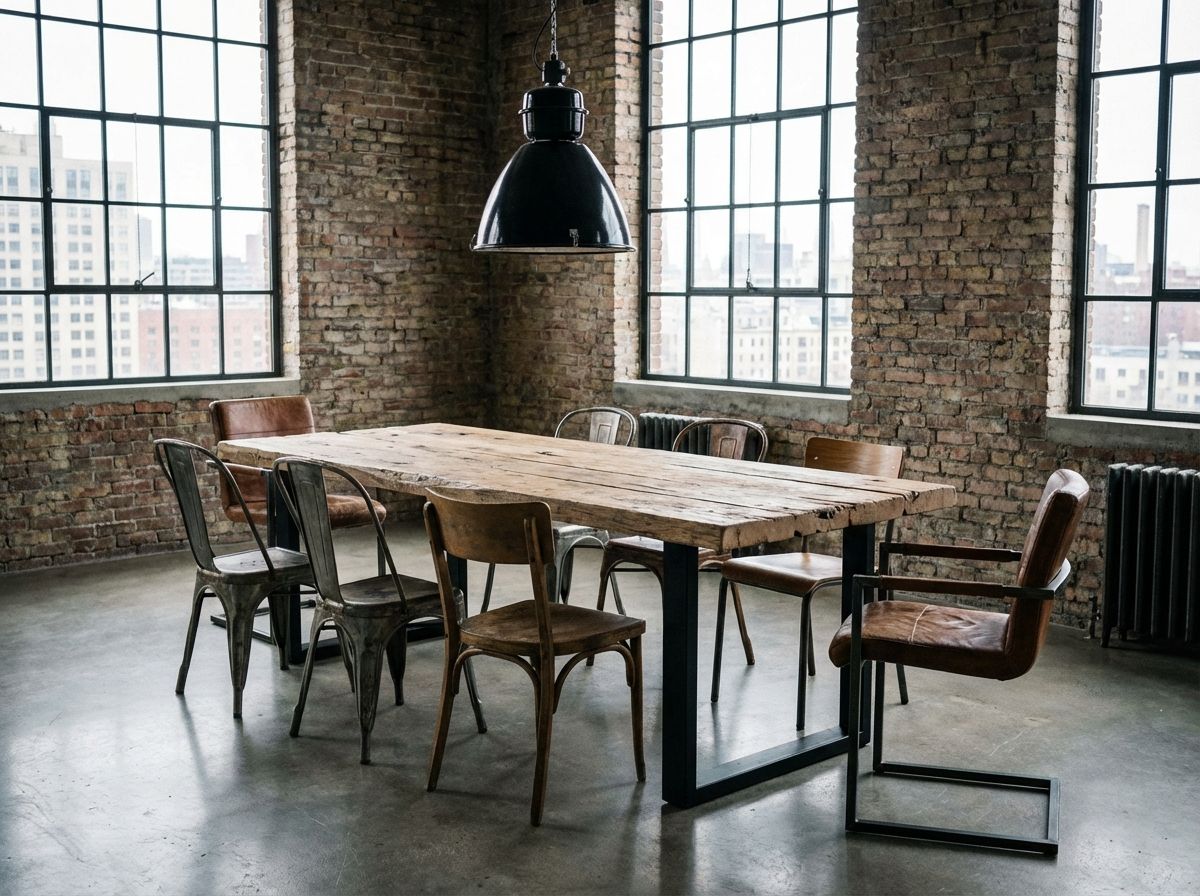 Industrial living room with exposed brick wall, leather Chesterfield sofa, and iron pipe shelving