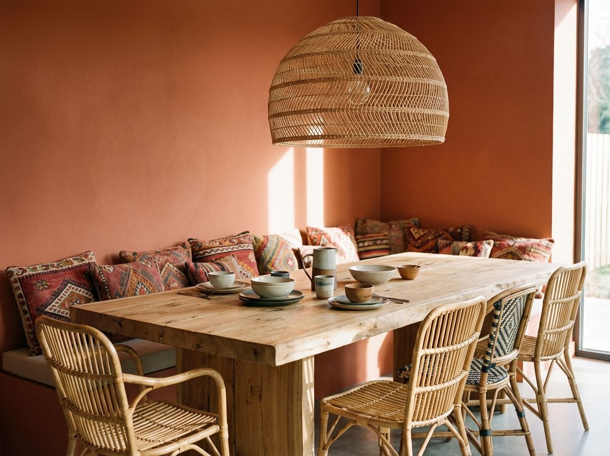 Bohemian bedroom with macramé wall hanging and trailing pothos plants