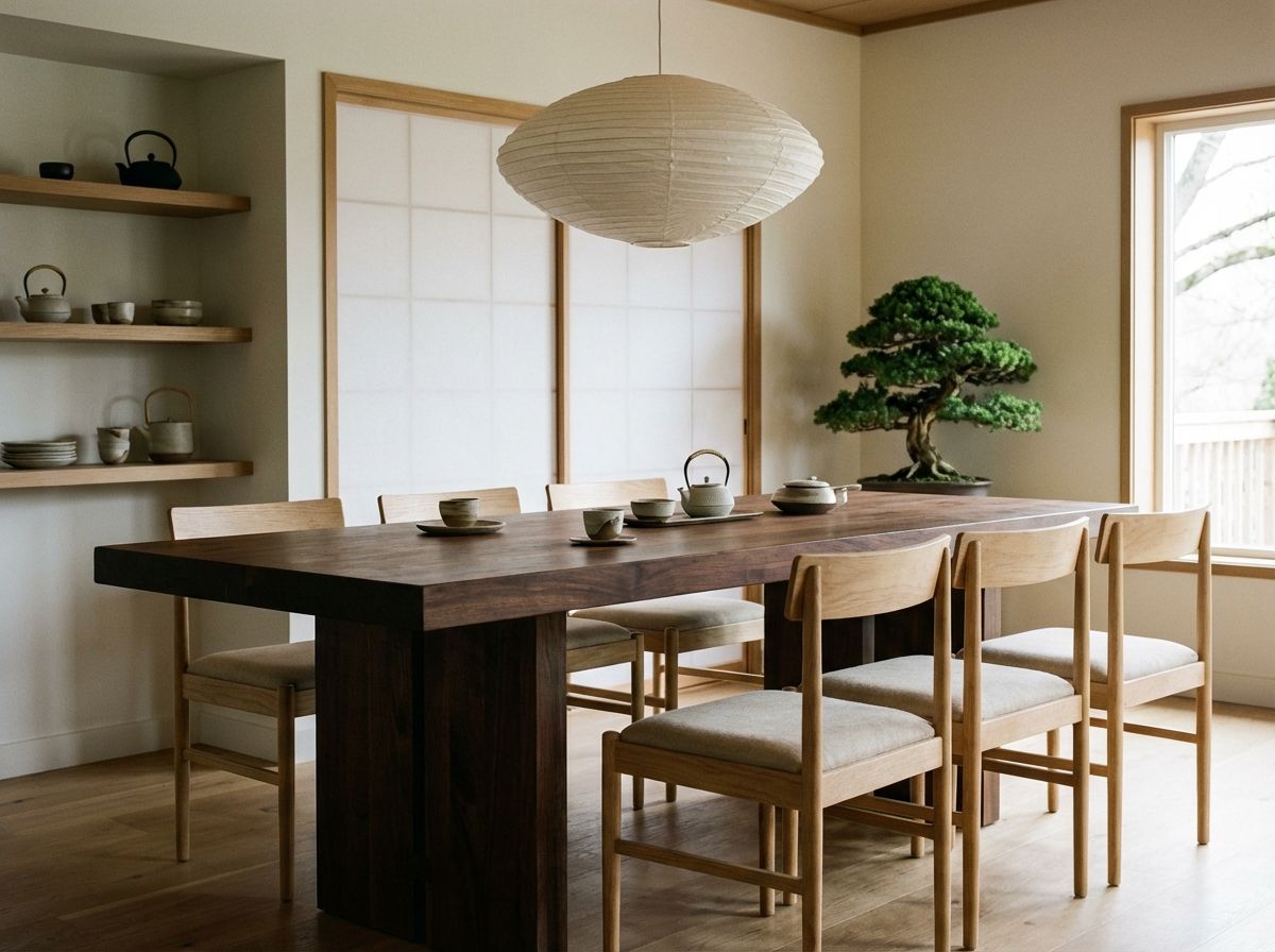 Japandi living room with low-profile linen sofa, walnut coffee table, and woven jute rug