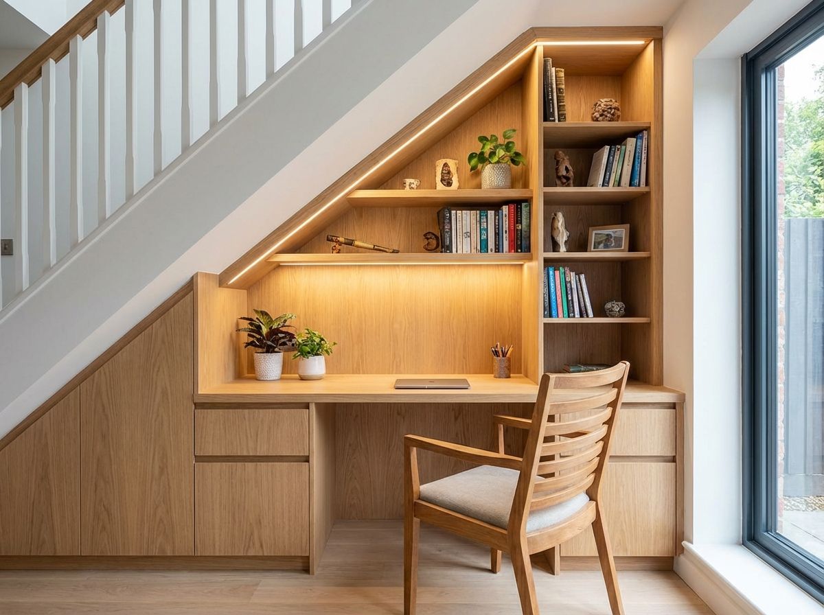 Modern home office ideas with floating shelves and natural light