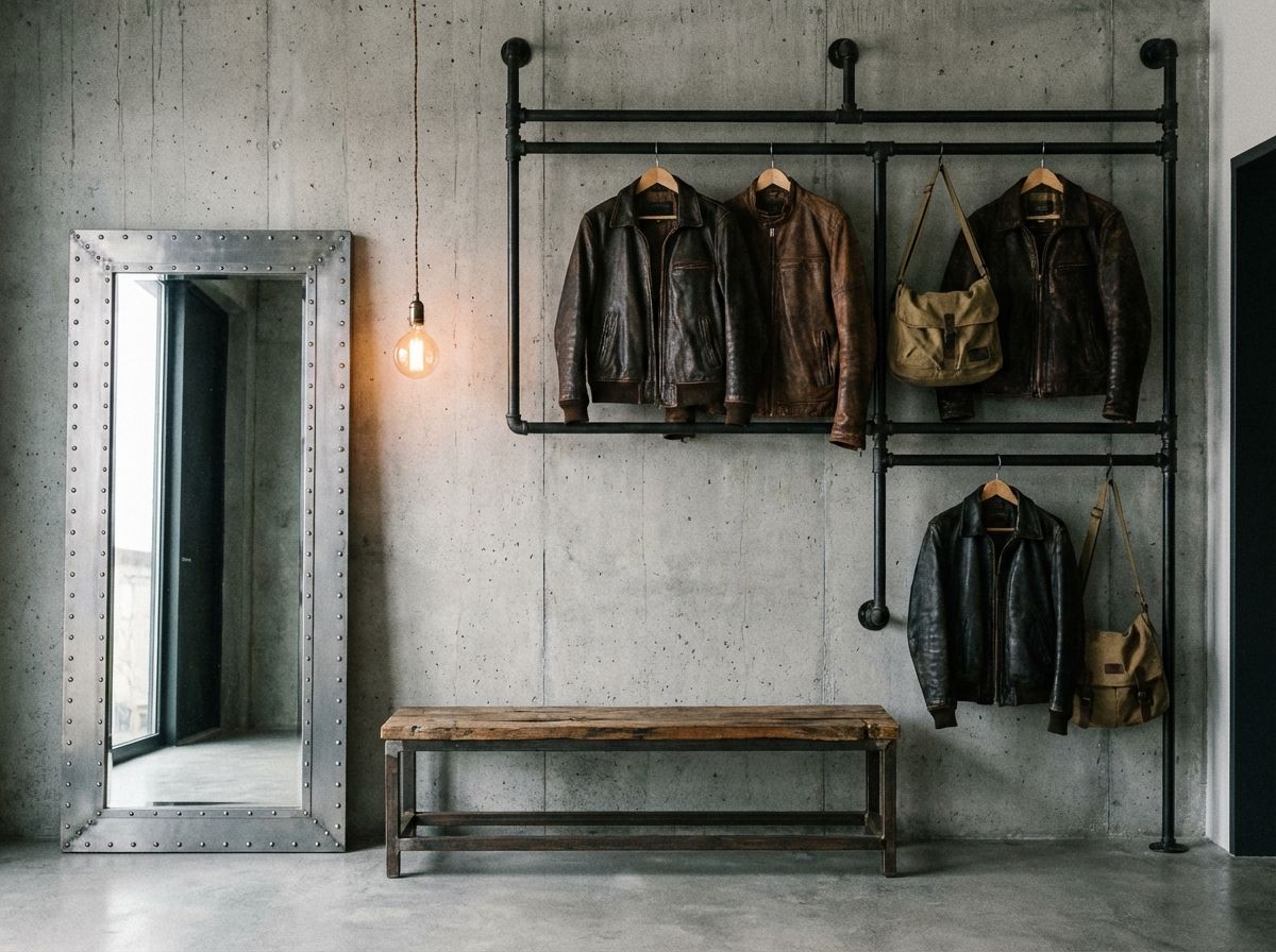 Industrial bedroom with wrought iron bed frame, concrete accent wall, and warm amber lighting