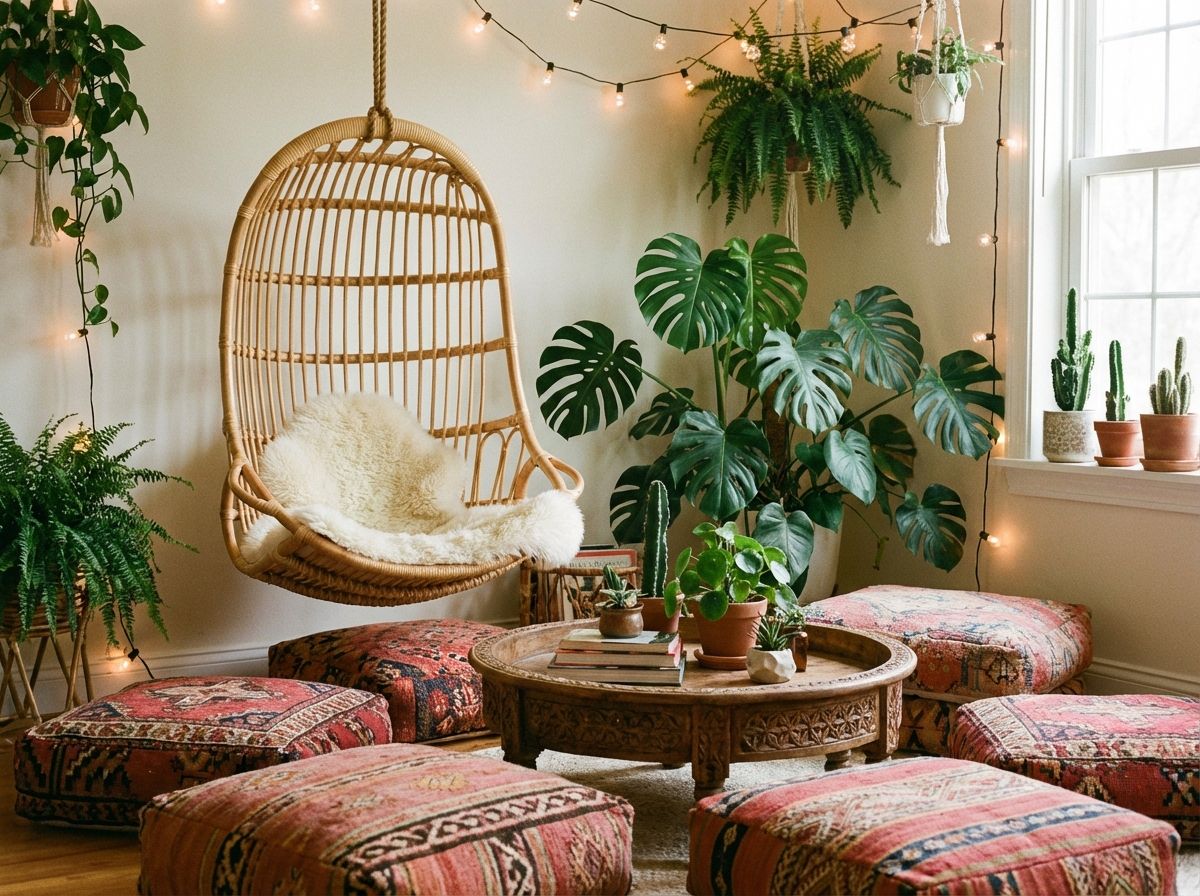 Bohemian living room with layered vintage kilim rugs and floor cushions