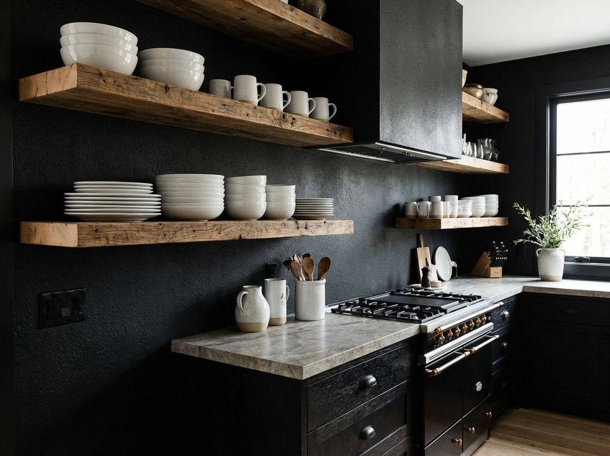 Black kitchen with oak island and pendant lights