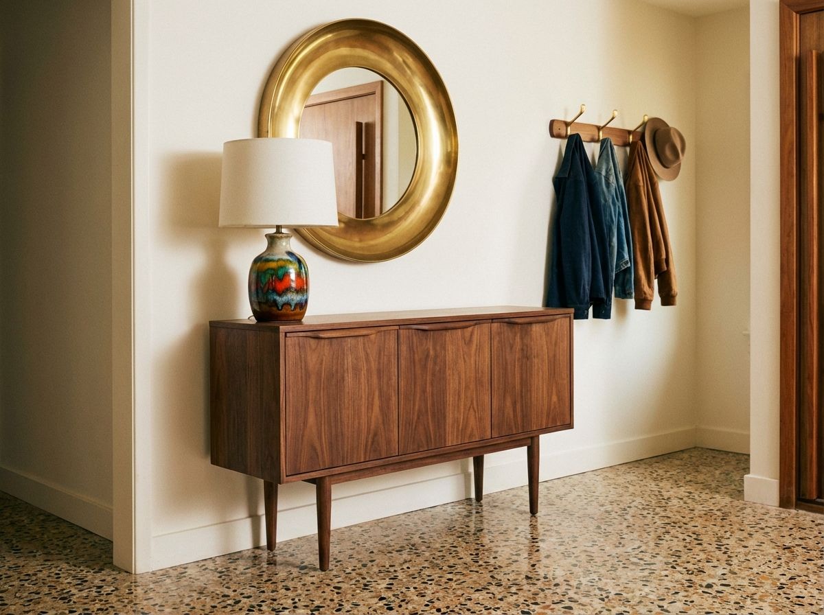 Mid-century modern bedroom with teak platform bed, arc floor lamp, and mustard linen throw