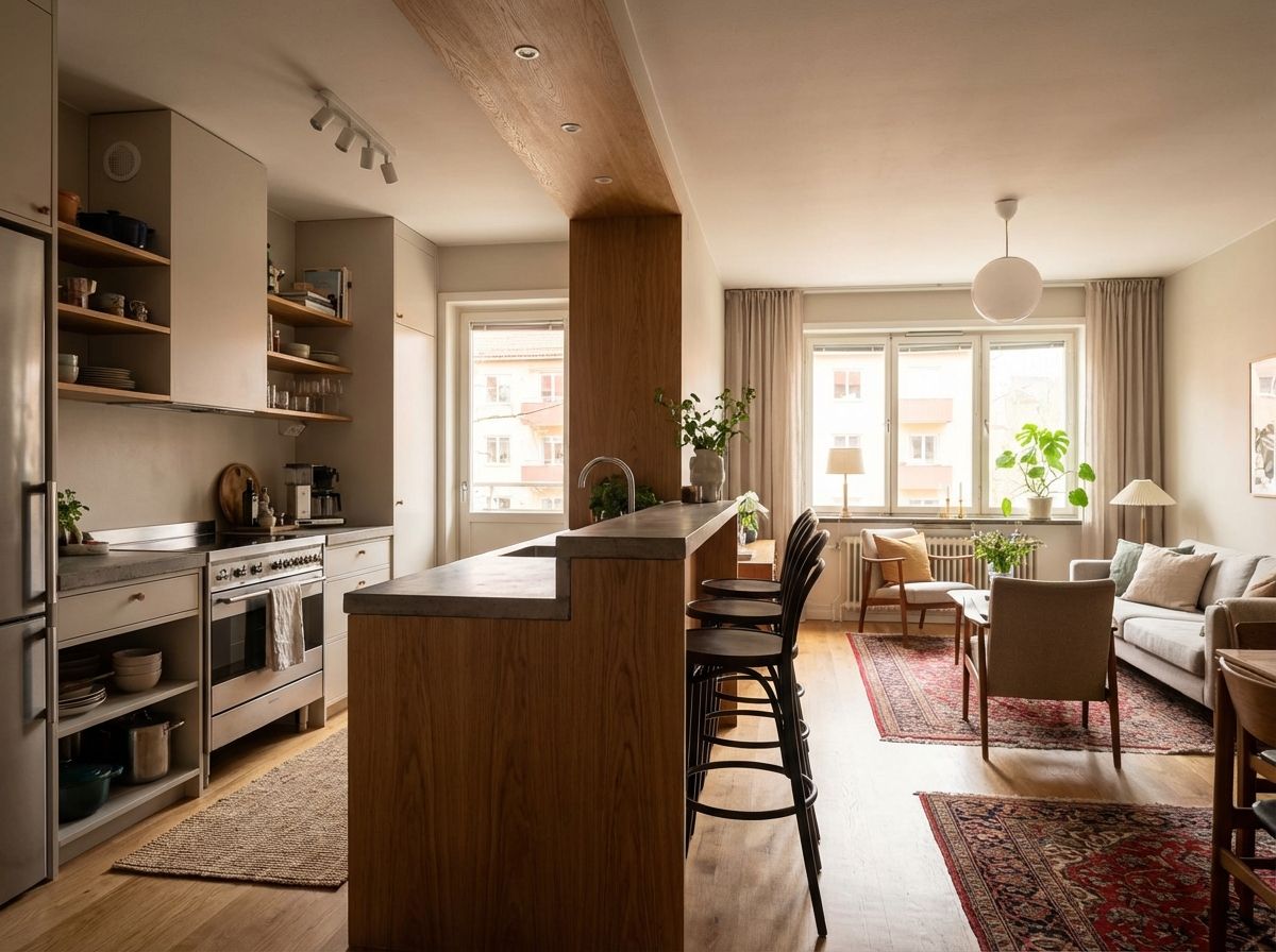 Elevated platform bed with built-in drawers in a small studio apartment