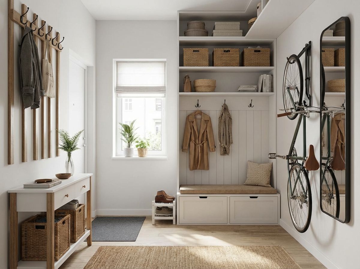 Entryway tile ideas with patterned floor and gallery wall