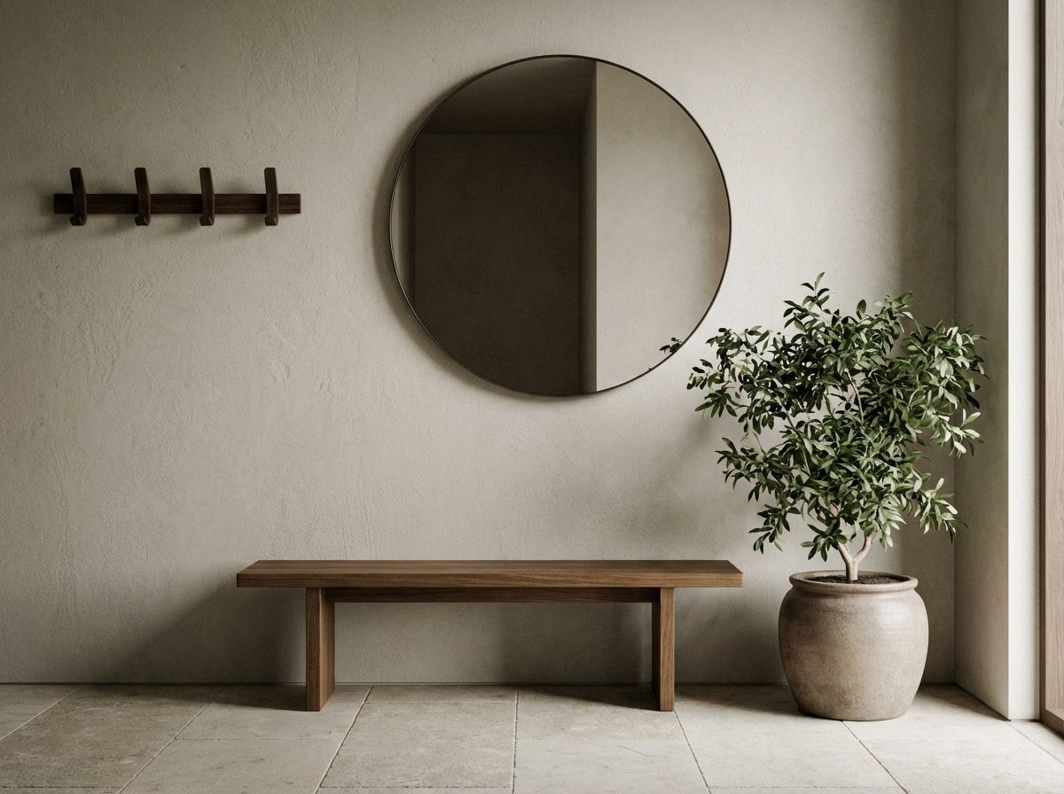Japandi bedroom with walnut platform bed, cream linen bedding, and asymmetric nightstands