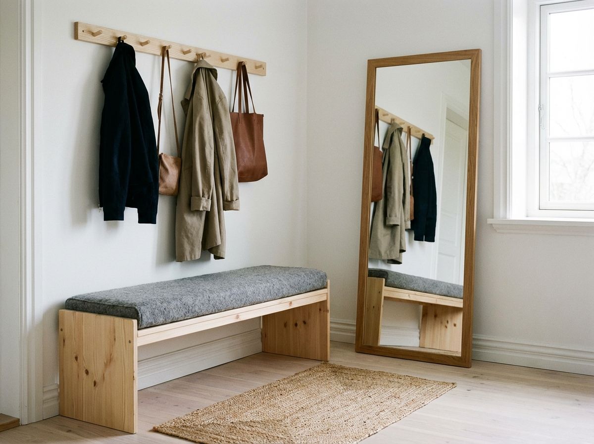 Scandinavian bedroom with light oak bed frame, crisp white linen bedding, and wool throw
