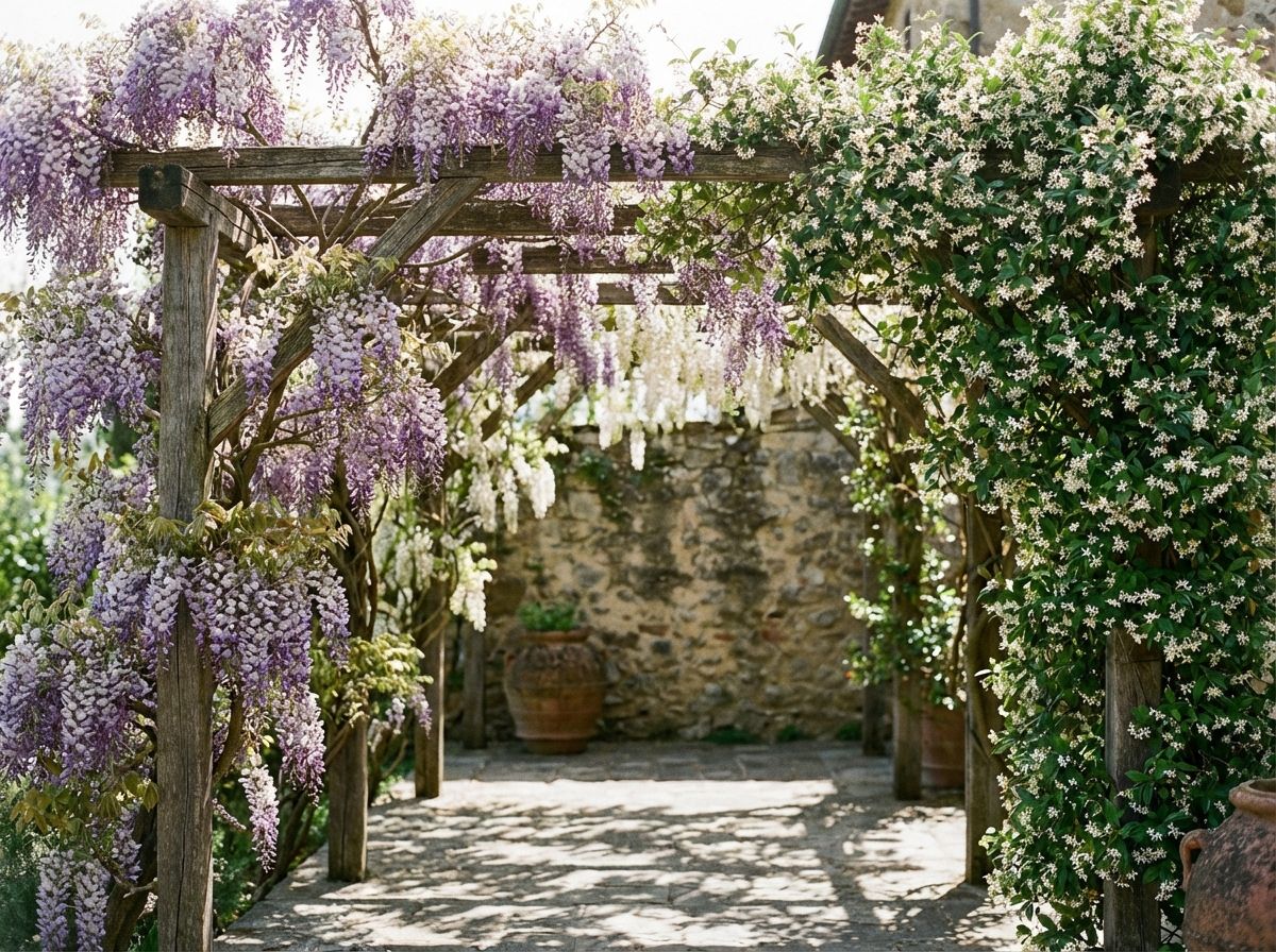 Vertical garden wall with herbs and trailing flowers on patio