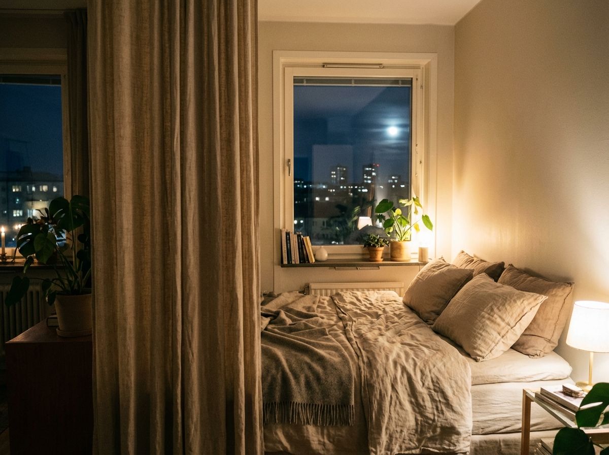 Studio apartment furniture idea with open shelving and integrated dining counter