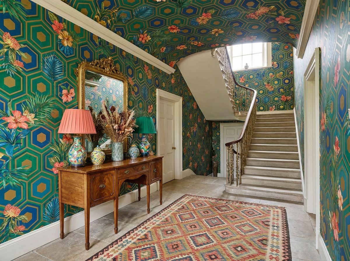 Entryway with round mirror, console table, and rug