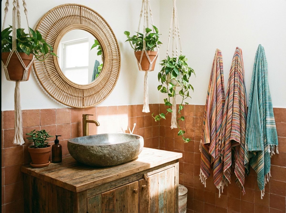 Bohemian dining area with rattan chairs and eclectic global pottery
