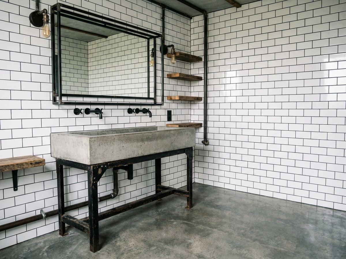 Industrial kitchen with stainless steel countertops, open metal shelving, and cage pendant lights