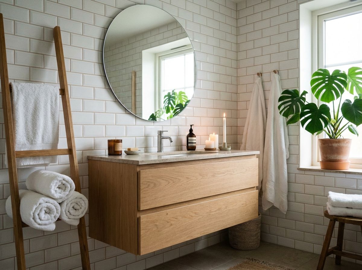 Scandinavian kitchen with white flat-front cabinetry, butcher-block counters, and open wood shelving