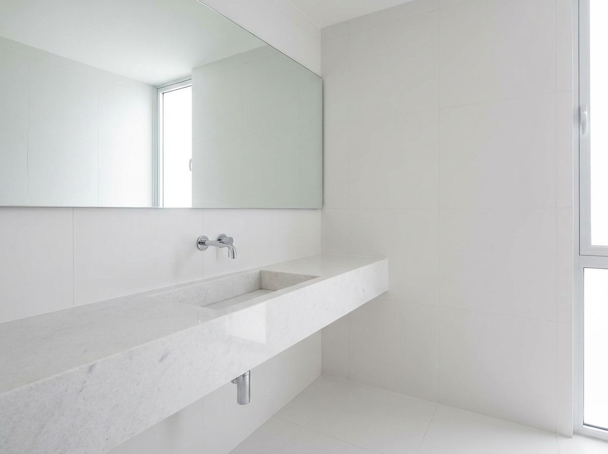 Minimalist kitchen with handleless white cabinets, stone countertop, and hidden storage