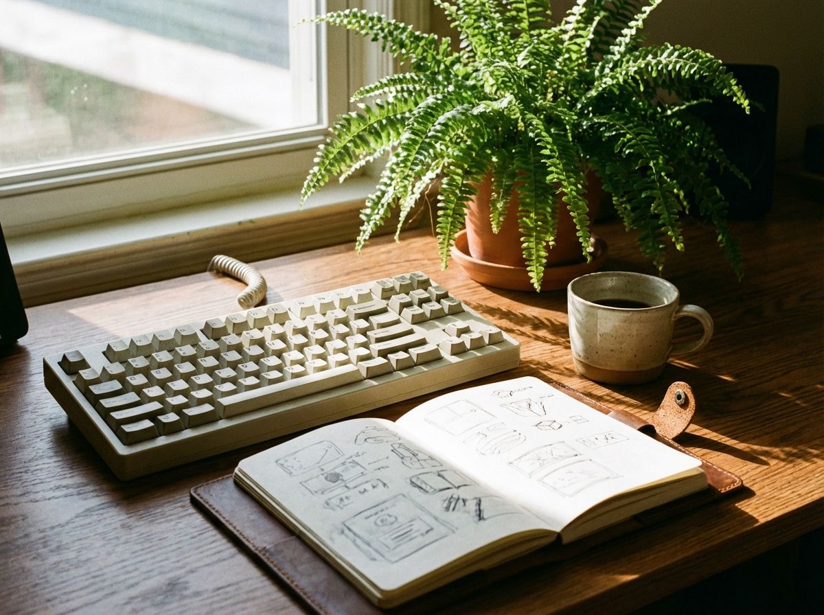 Home office lighting setup with plants, wood, and neutral tones